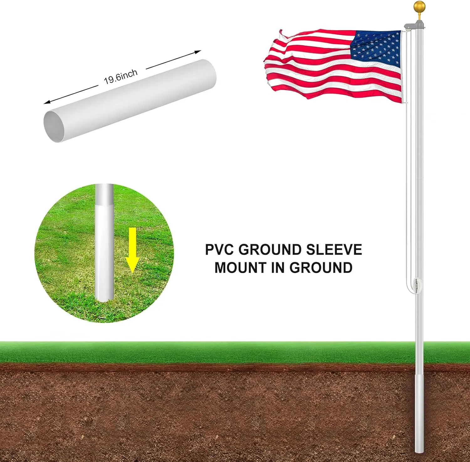Flag Pole Kit 20FT, 12 Gauge 1.8mm Thickness Heavy Duty Flag Poles with 3x5 American Flag, Silver Flag Pole for Outdoor House In Ground, Extra Thick Flagpoles Suitable for Yard and Garden