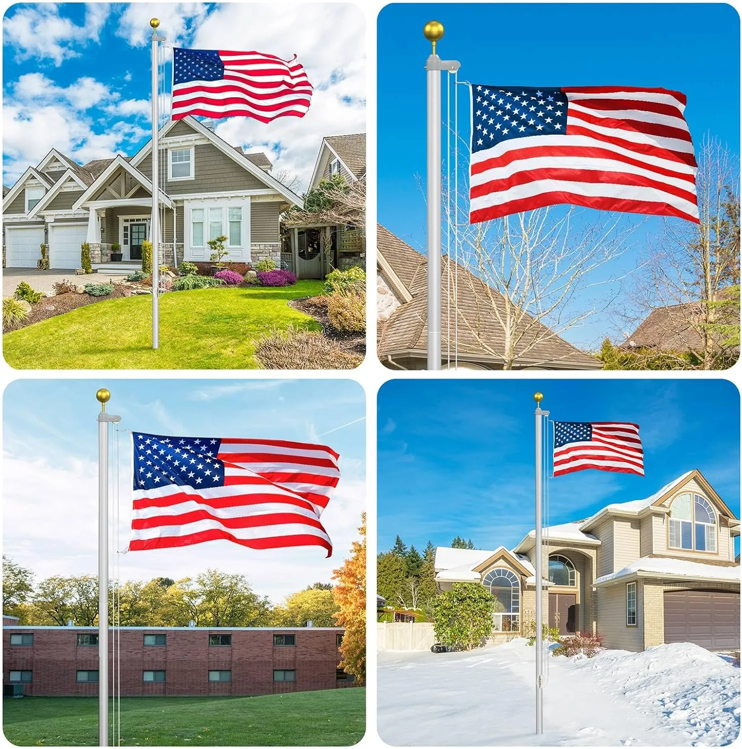 Flag Pole Kit 20FT, 12 Gauge 1.8mm Thickness Heavy Duty Flag Poles with 3x5 American Flag, Silver Flag Pole for Outdoor House In Ground, Extra Thick Flagpoles Suitable for Yard and Garden