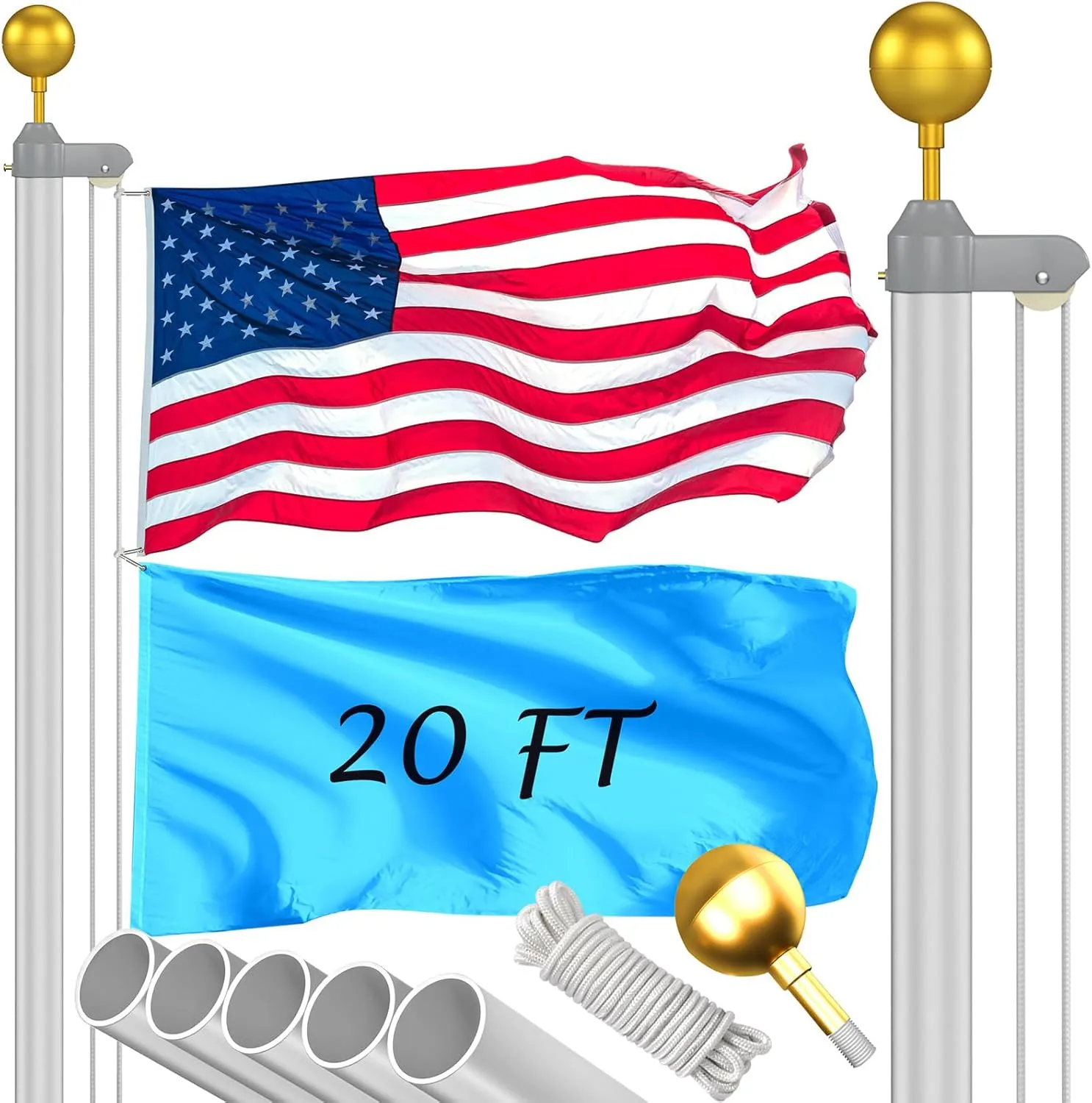 Flag Pole Kit 20FT, 12 Gauge 1.8mm Thickness Heavy Duty Flag Poles with 3x5 American Flag, Silver Flag Pole for Outdoor House In Ground, Extra Thick Flagpoles Suitable for Yard and Garden