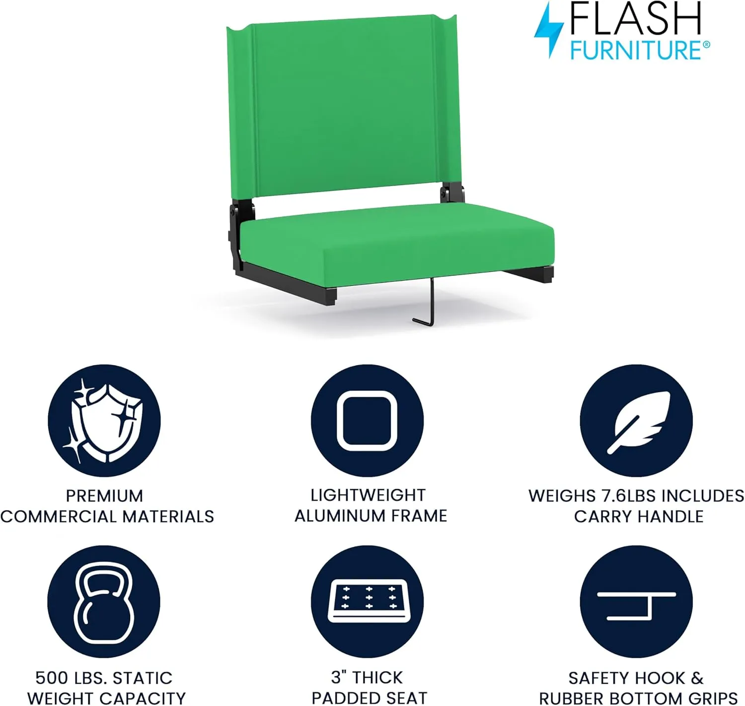 Flash Furniture Grandstand Portable Stadium Seat for Bleachers or Benches, Folding Padded Stadium Chair with Carrying Handle, 500 lb. Weight Capacity, Bright Green