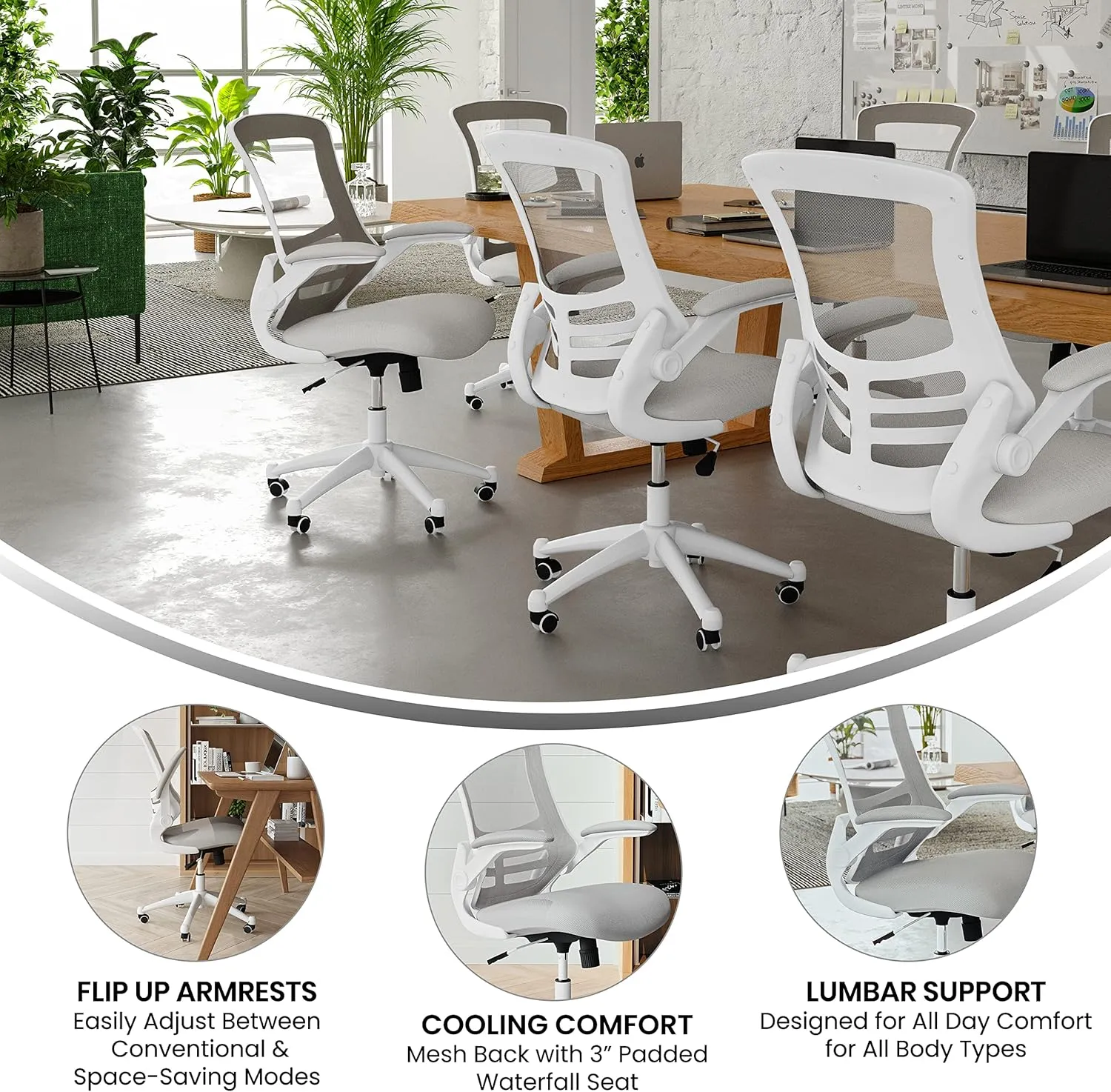 Flash Furniture Kelista Mid-Back Swivel Office Chair with Adjustable Lumbar Support and Seat Height, Ergonomic Mesh Desk Chair with Flip-Up Armrests, Gray/White