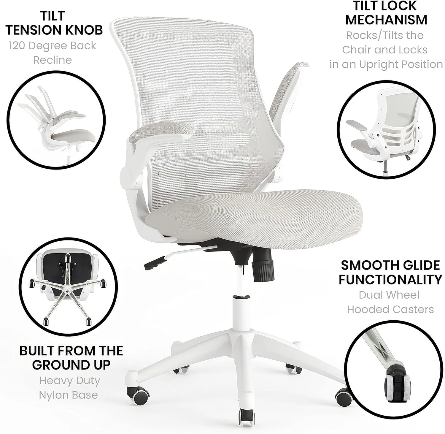 Flash Furniture Kelista Mid-Back Swivel Office Chair with Adjustable Lumbar Support and Seat Height, Ergonomic Mesh Desk Chair with Flip-Up Armrests, Gray/White