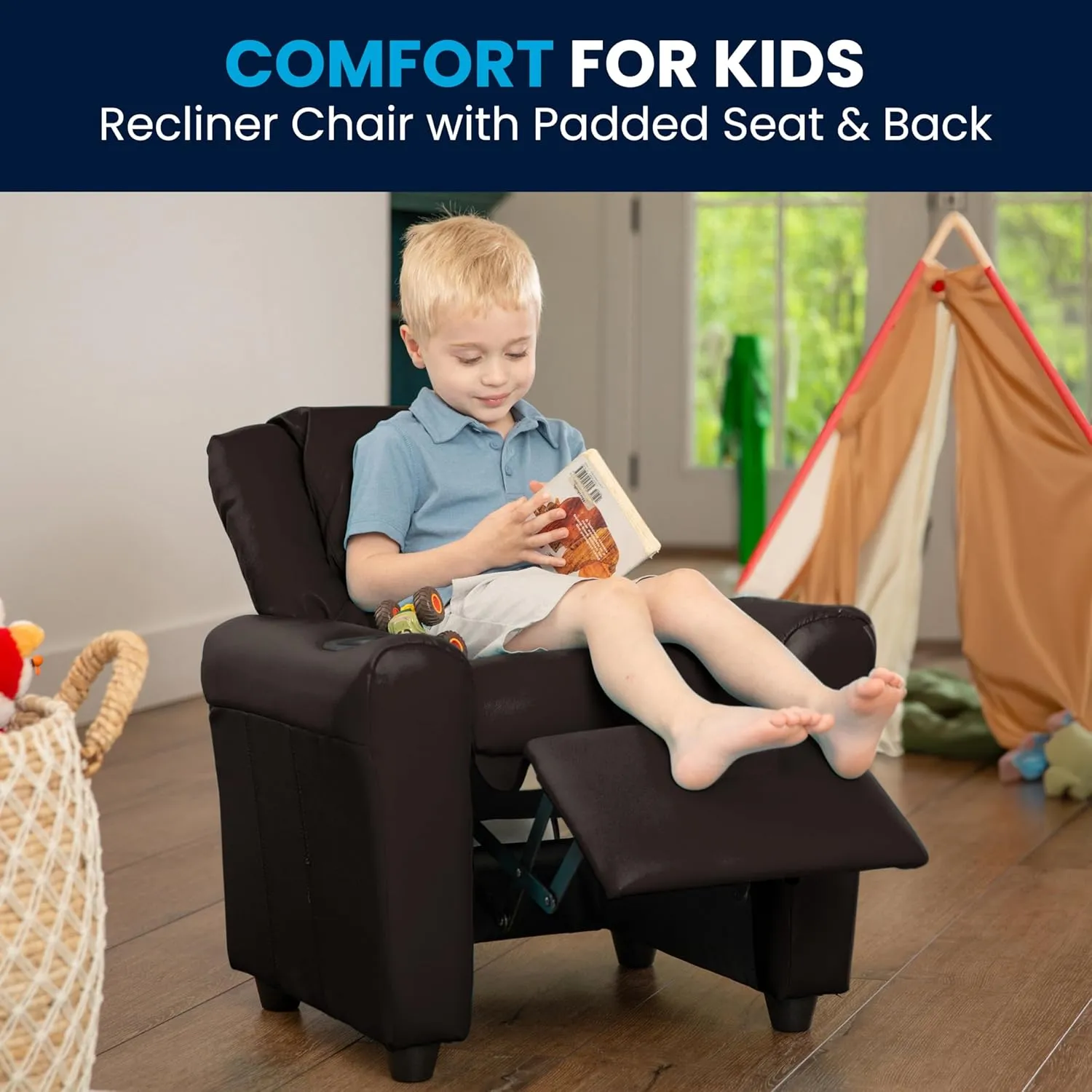 Flash Furniture Vana LeatherSoft Kids Recliner with Cup Holder, Headrest, and Safety Recline, Contemporary Reclining Chair for Kids, Supports up to 90 lbs., Brown