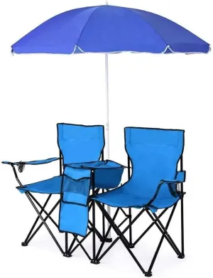 Foldable Camping Chair Outdoor Portable Picnic Double Chair with Umbrella Folding Beach Chair Backpacking Blue