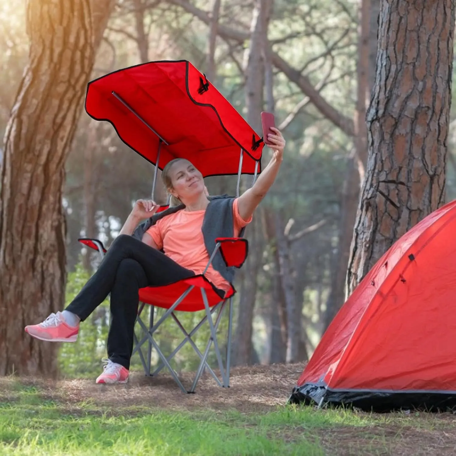 Foldable Camping Chair with Canopy - Sun Protection Beach Chair with Shade Canopy, 330LBS Load, Folding Seat with Cup Holder, Carrying Bag - Ideal Beach, Poolside, Travel, Picnic - Red