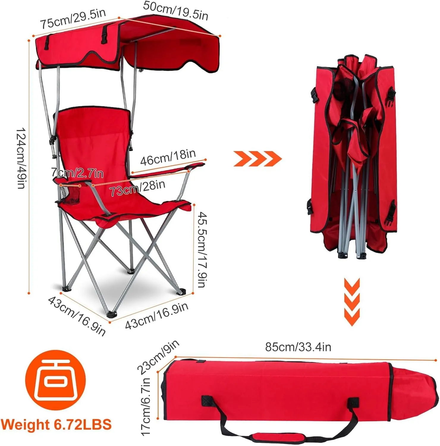 Foldable Camping Chair with Canopy - Sun Protection Beach Chair with Shade Canopy, 330LBS Load, Folding Seat with Cup Holder, Carrying Bag - Ideal Beach, Poolside, Travel, Picnic - Red