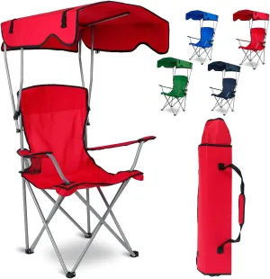 Foldable Camping Chair with Canopy - Sun Protection Beach Chair with Shade Canopy, 330LBS Load, Folding Seat with Cup Holder, Carrying Bag - Ideal Beach, Poolside, Travel, Picnic - Red