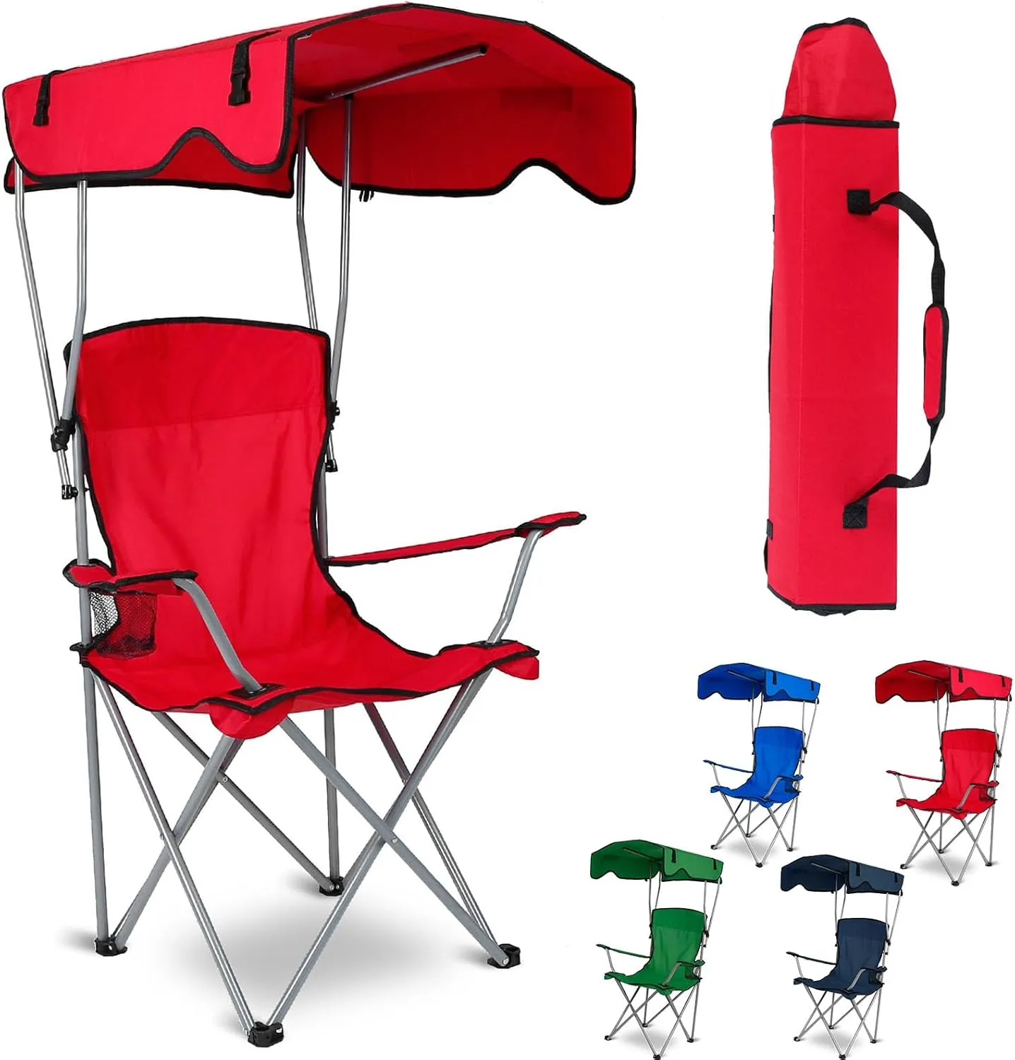 Foldable Camping Chair with Canopy - Sun Protection Beach Chair with Shade Canopy, 330LBS Load, Folding Seat with Cup Holder, Carrying Bag - Ideal Beach, Poolside, Travel, Picnic - Red