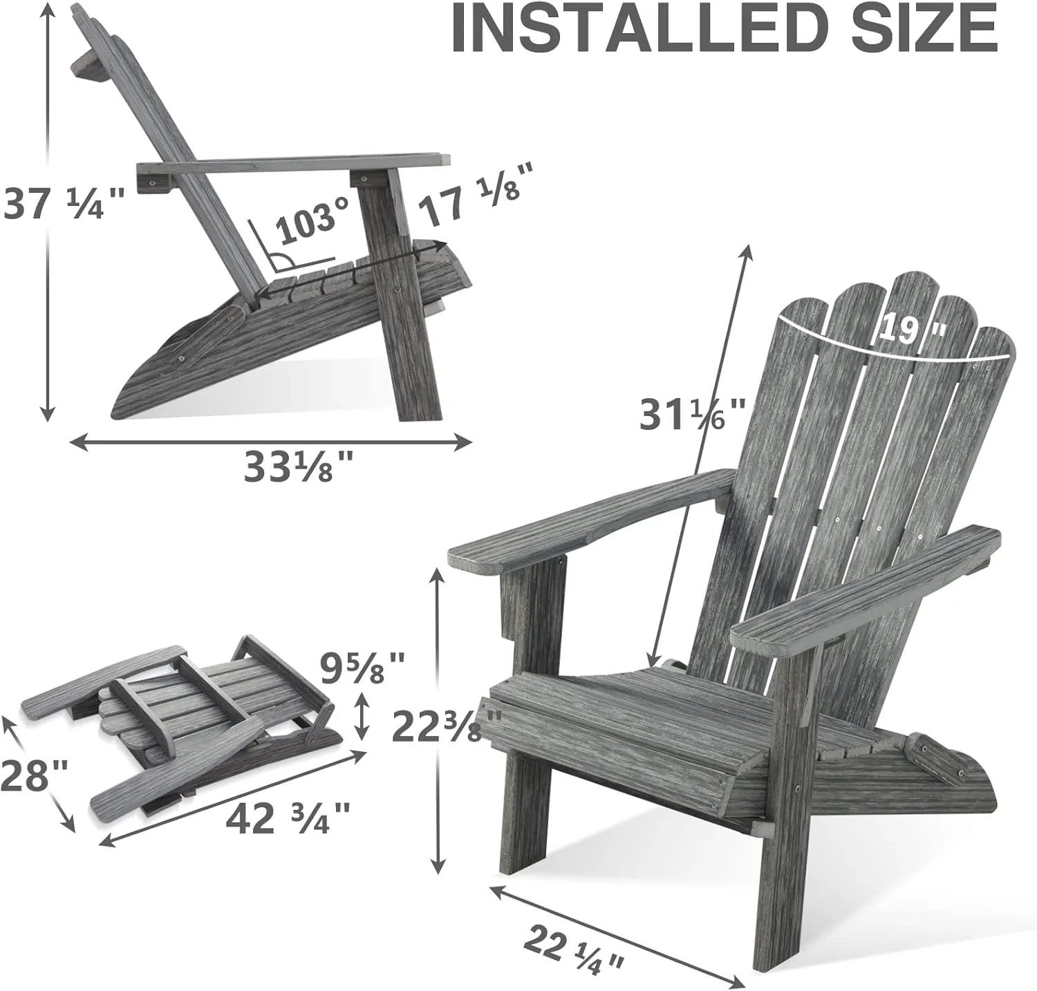 Folding Adirondack Chair, HDPE Adirondack Chairs, All-Weather Resistant Lawn Chairs,Patio Firepit Chairs for Garden- 15min Assembly 350 Lbs