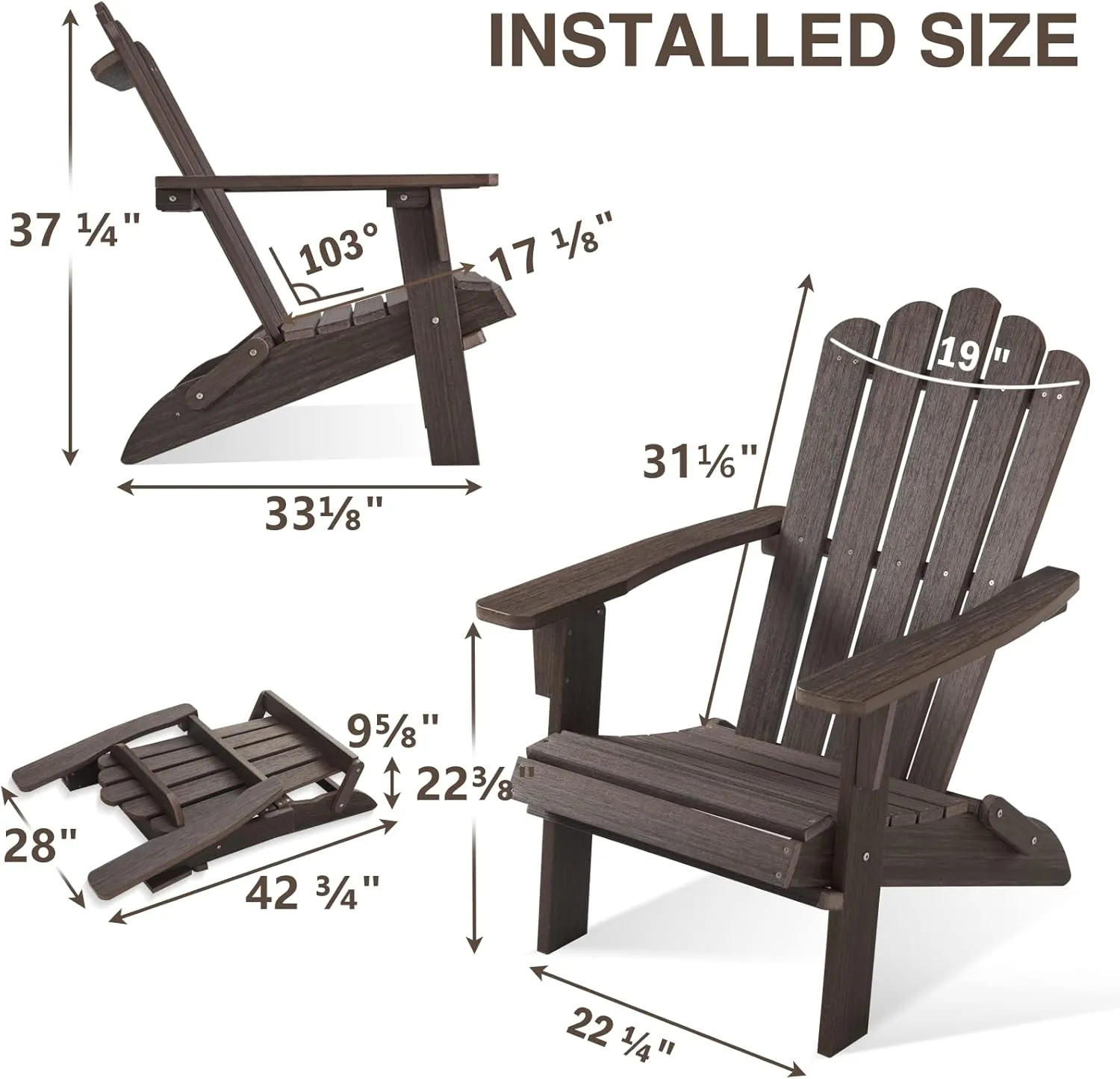 Folding Adirondack Chair, HDPE Adirondack Chairs Set of 2, All-Weather Resistant Lawn Chairs,Patio Firepit Chairs for Garden- 15min Assembly 350 Lbs