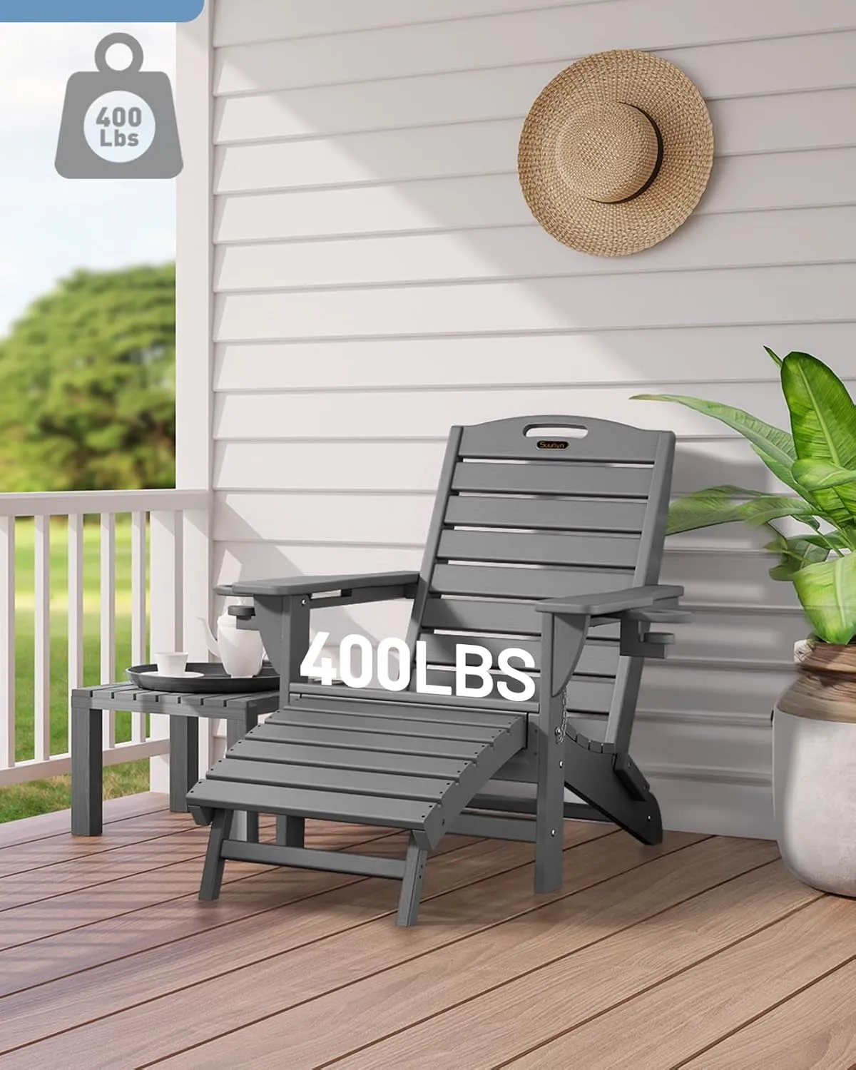 Folding Adirondack Chair with Retractable Ottoman Weather Resistant Fire Pit Chair Patio Chair with 2 Cup Holder Lawn Outdoor Lounge Chairs (Grey)