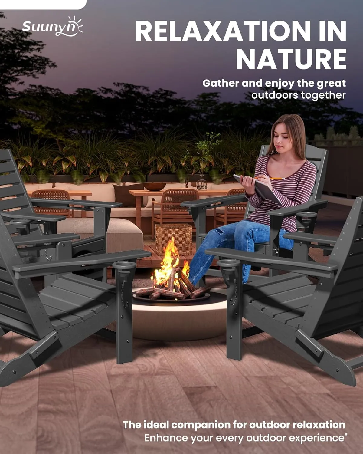 Folding Adirondack Chair with Retractable Ottoman Weather Resistant Fire Pit Chair Patio Chair with 2 Cup Holder Lawn Outdoor Lounge Chairs (Grey)