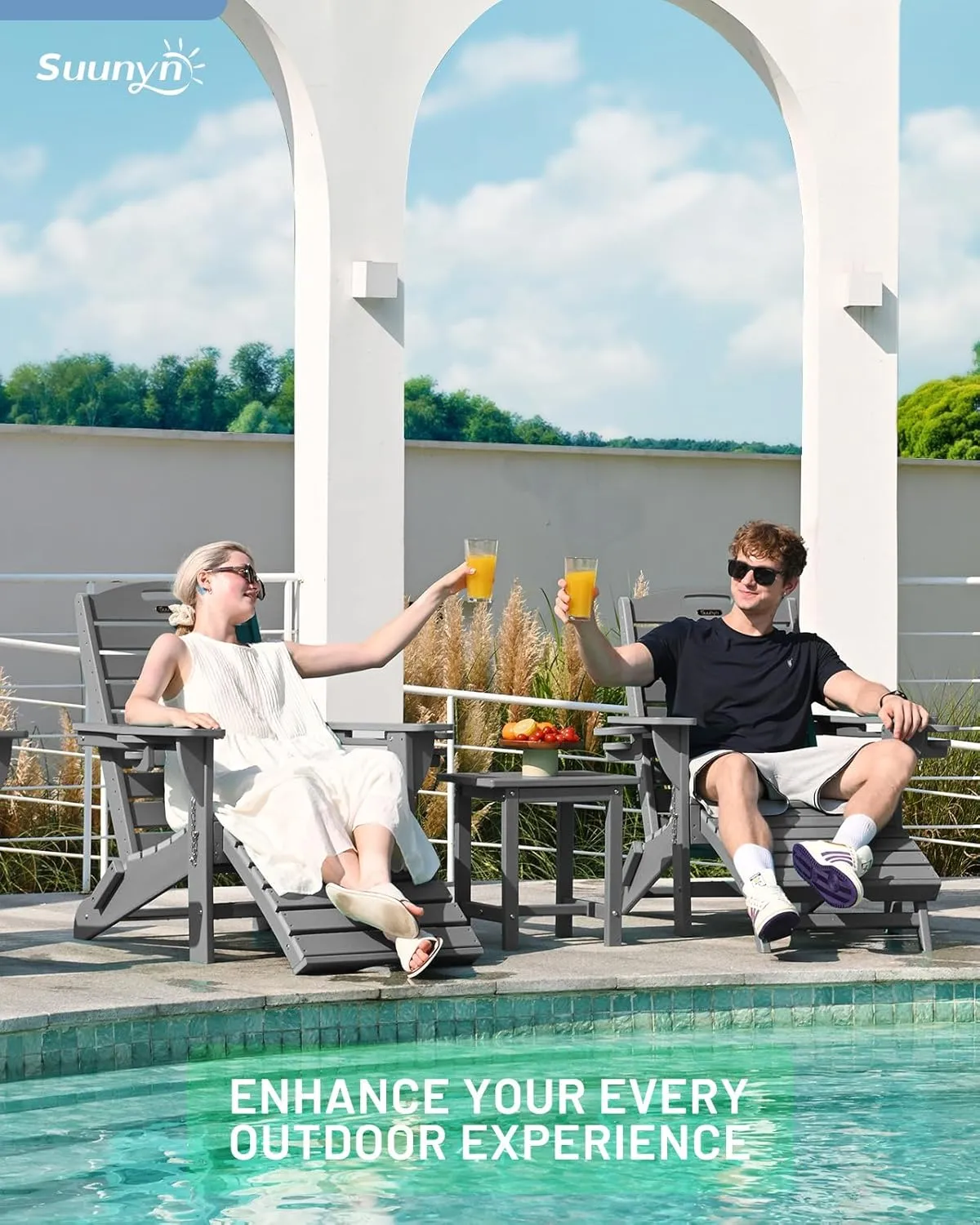 Folding Adirondack Chair with Retractable Ottoman Weather Resistant Fire Pit Chair Patio Chair with 2 Cup Holder Lawn Outdoor Lounge Chairs (Grey)