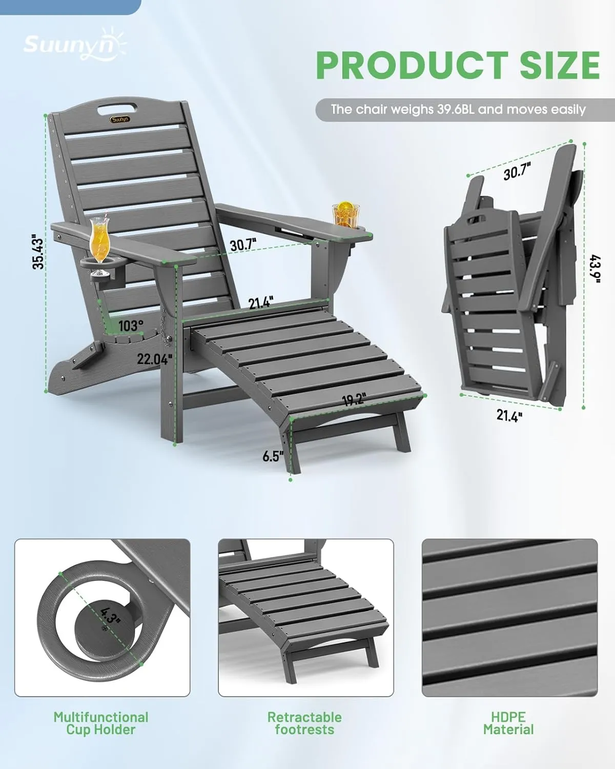 Folding Adirondack Chair with Retractable Ottoman Weather Resistant Fire Pit Chair Patio Chair with 2 Cup Holder Lawn Outdoor Lounge Chairs (Grey)