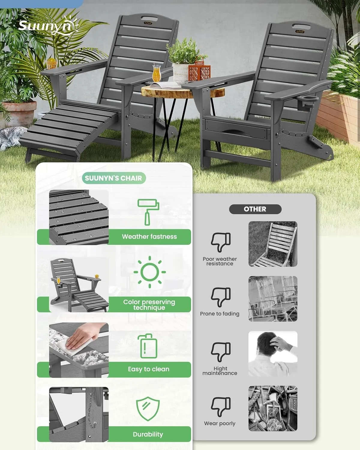 Folding Adirondack Chair with Retractable Ottoman Weather Resistant Fire Pit Chair Patio Chair with 2 Cup Holder Lawn Outdoor Lounge Chairs (Grey)