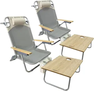 Folding Backpack Beach Chair 2 Pack Aluminum 5-Position with Samll Camping Table Bamboo Lay Flat Lounge Chair Outdoor for Adults with Insulated Cooler Bag