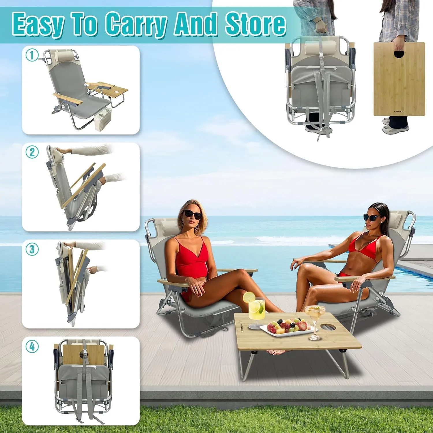 Folding Backpack Beach Chair 2 Pack Aluminum 5-Position with Samll Camping Table Bamboo Lay Flat Lounge Chair Outdoor for Adults with Insulated Cooler Bag