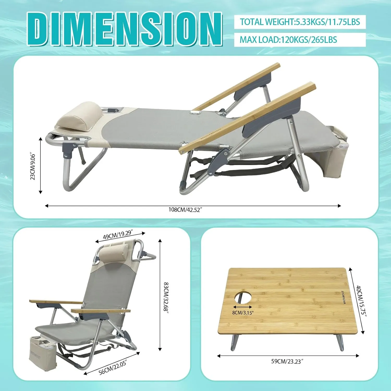 Folding Backpack Beach Chair 2 Pack Aluminum 5-Position with Samll Camping Table Bamboo Lay Flat Lounge Chair Outdoor for Adults with Insulated Cooler Bag