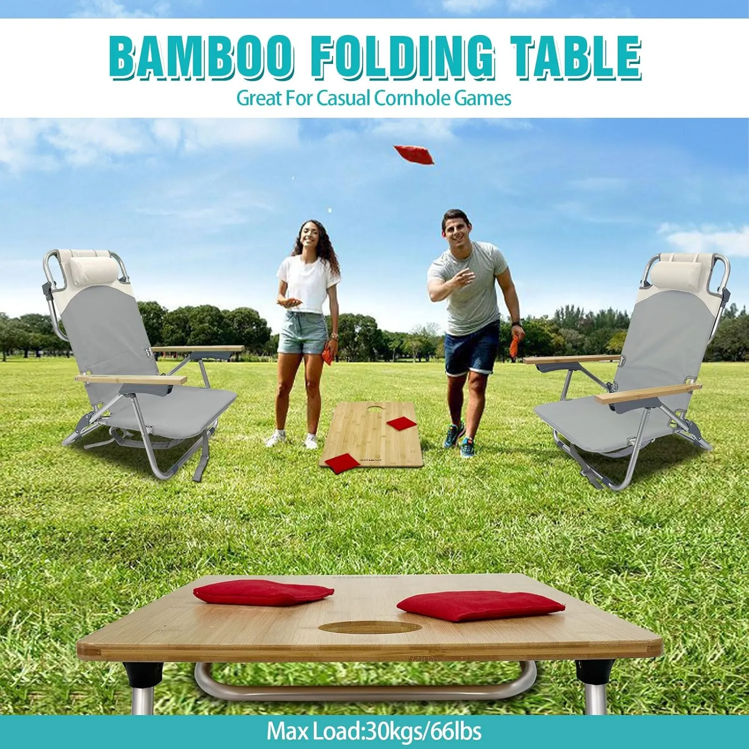 Folding Backpack Beach Chair 2 Pack Aluminum 5-Position with Samll Camping Table Bamboo Lay Flat Lounge Chair Outdoor for Adults with Insulated Cooler Bag