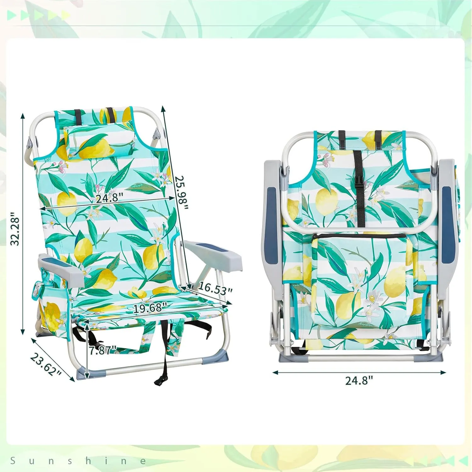 Folding Backpack Beach Chair with 5 Positions, Towel bar, Cooler and Storage Pouch, Cup Holder and Phone Holder, Heavy Duty Stable Support 220 LBS Aluminum Frame, Lightweight Beach Chair,Lemon