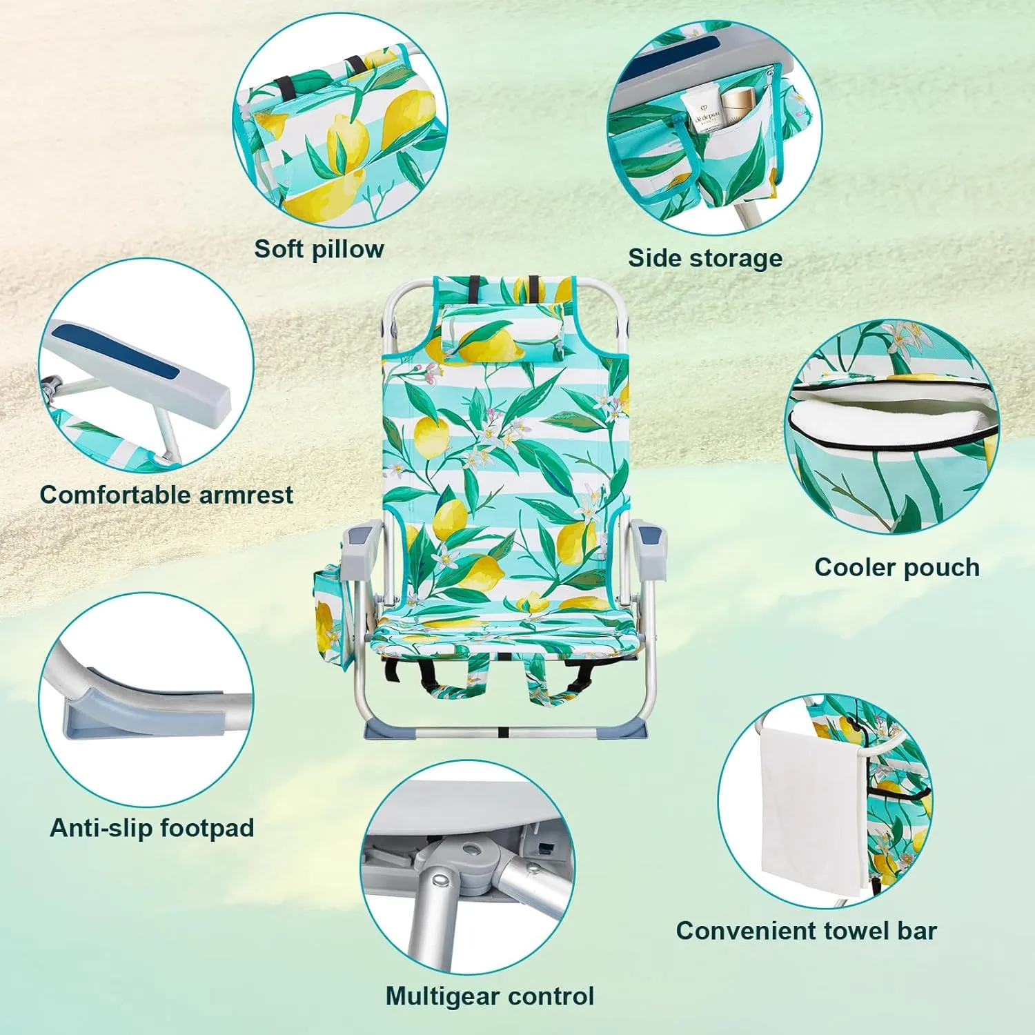 Folding Backpack Beach Chair with 5 Positions, Towel bar, Cooler and Storage Pouch, Cup Holder and Phone Holder, Heavy Duty Stable Support 220 LBS Aluminum Frame, Lightweight Beach Chair,Lemon