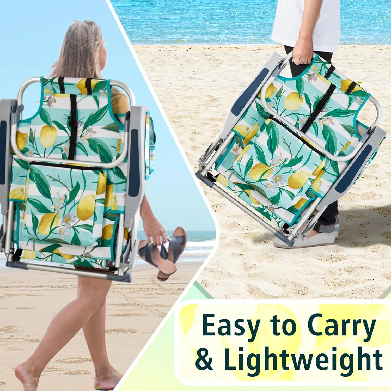 Folding Backpack Beach Chair with 5 Positions, Towel bar, Cooler and Storage Pouch, Cup Holder and Phone Holder, Heavy Duty Stable Support 220 LBS Aluminum Frame, Lightweight Beach Chair,Lemon