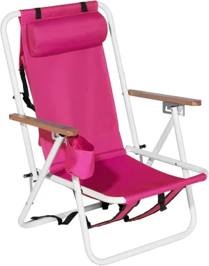 Folding Beach Chair, 4 Position Oxford Fabric Backpack Foldable Camping Chair with Headrest & Cup Holder and Wooden Armrests, Rose Red