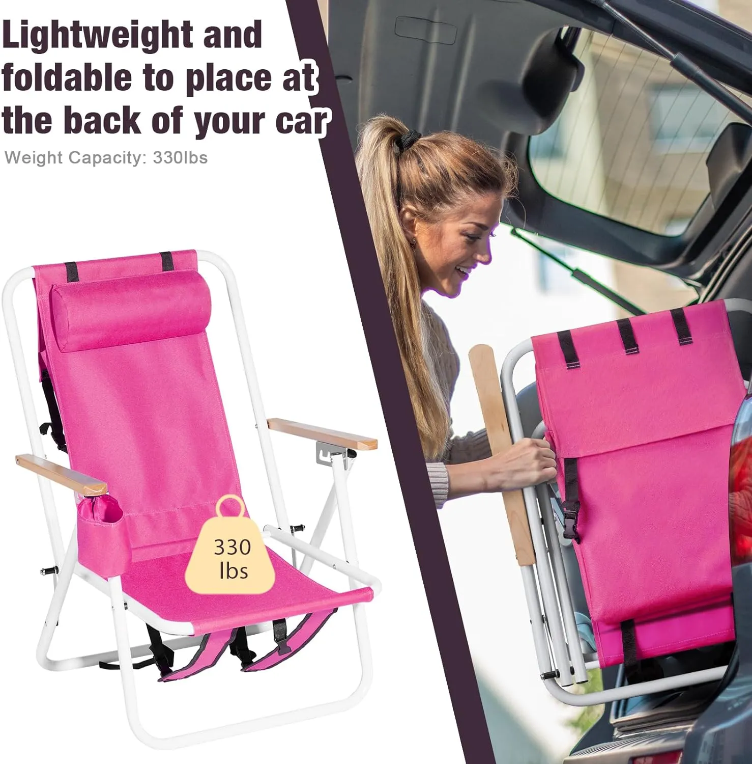 Folding Beach Chair, 4 Position Oxford Fabric Backpack Foldable Camping Chair with Headrest & Cup Holder and Wooden Armrests, Rose Red