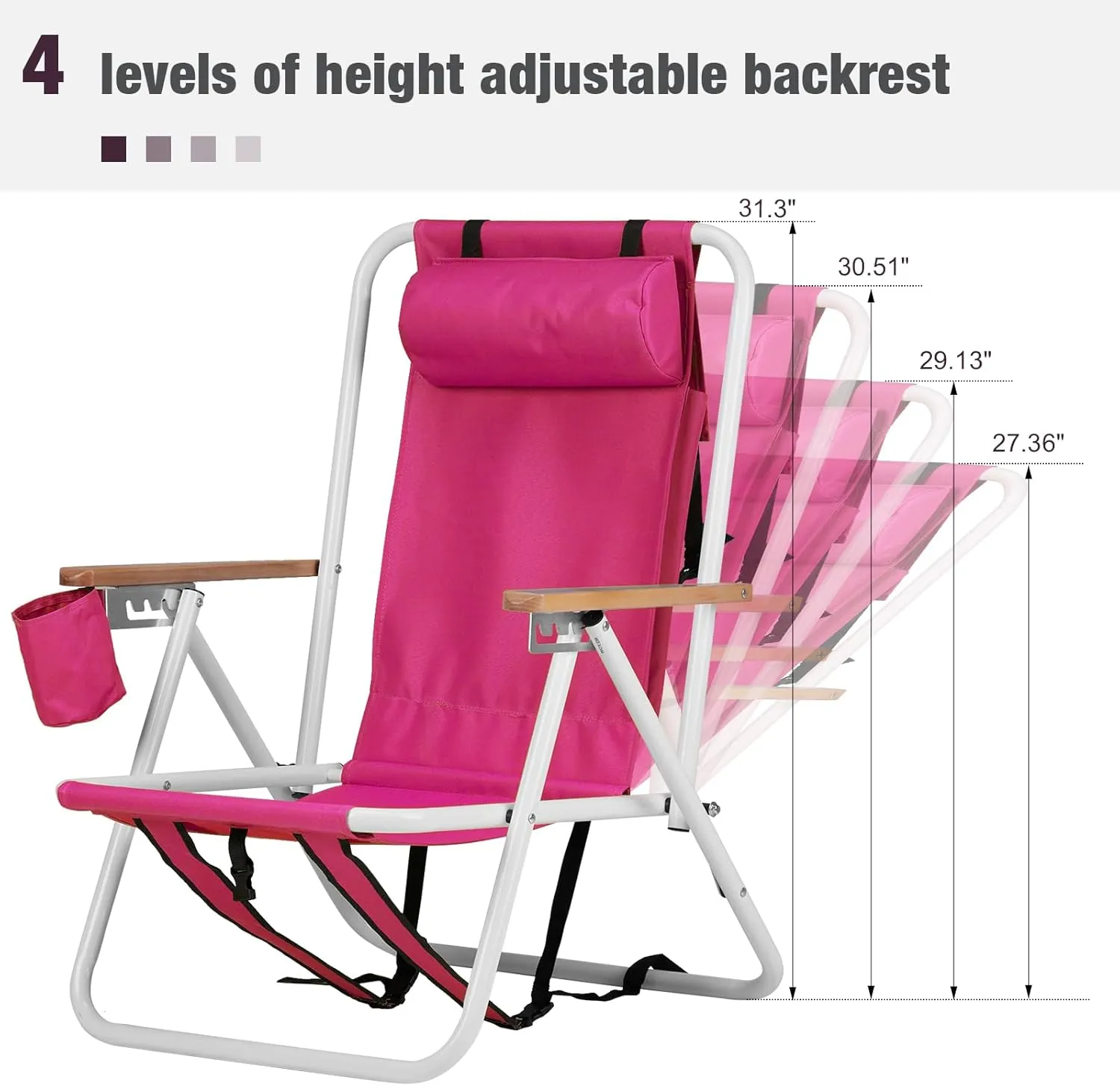 Folding Beach Chair, 4 Position Oxford Fabric Backpack Foldable Camping Chair with Headrest & Cup Holder and Wooden Armrests, Rose Red