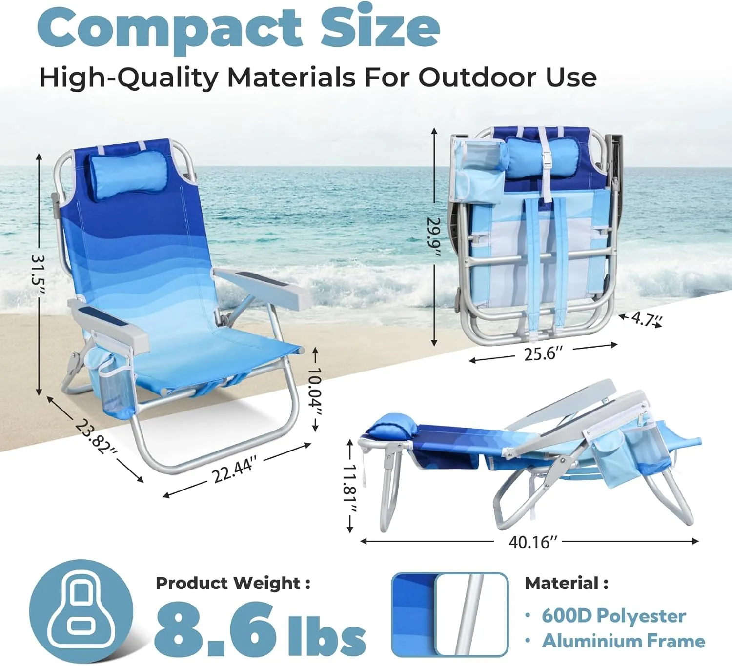 Folding Beach Chairs for Adults 2 Pack, Low Sand Chairs with Cup Holder, 5-Position Recling Backpack Beach Chair Aluminum Frame, Portable for Travel & Outdoor, Supports 300lbs, Tropical Palm