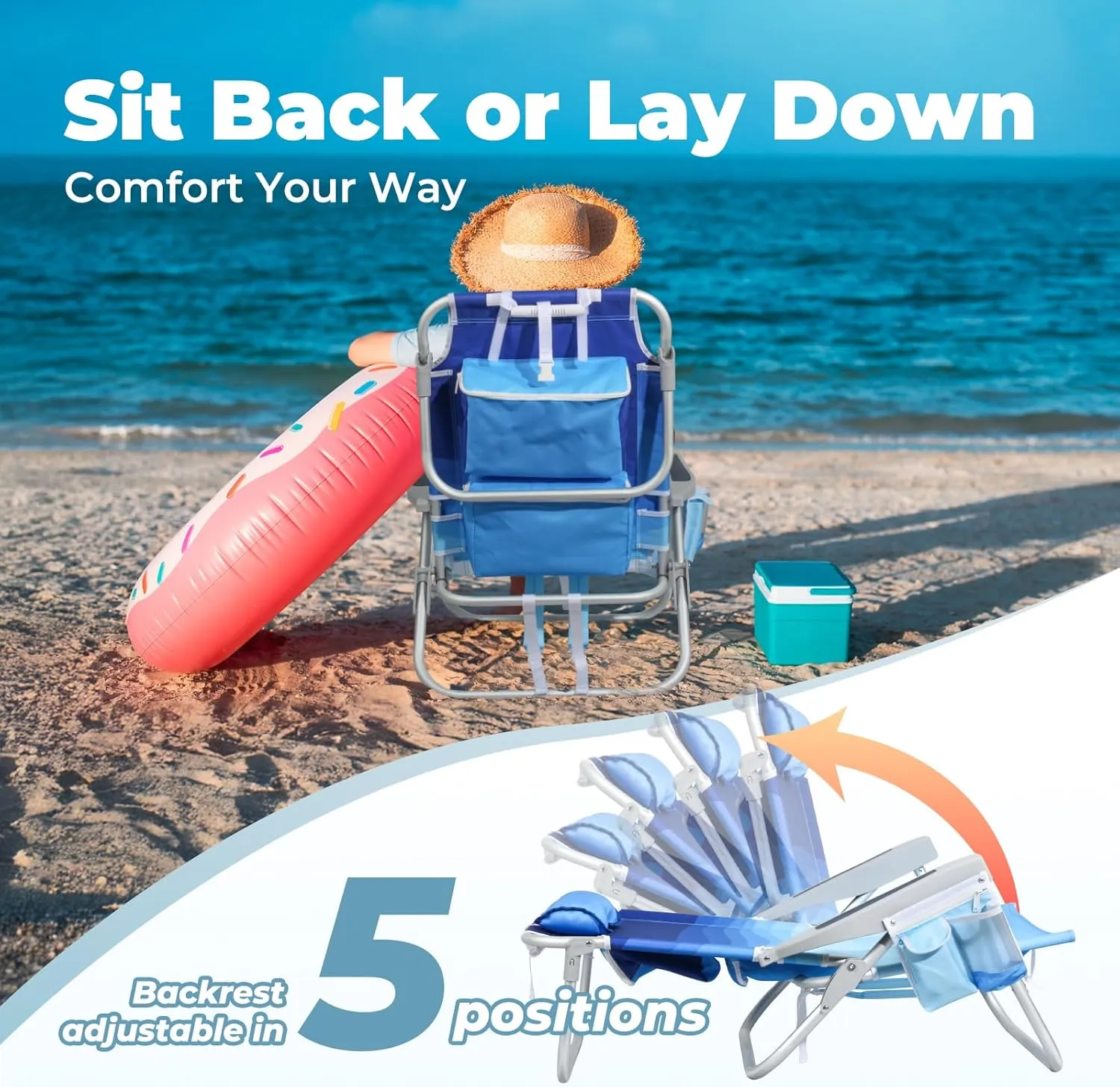 Folding Beach Chairs for Adults 2 Pack, Low Sand Chairs with Cup Holder, 5-Position Recling Backpack Beach Chair Aluminum Frame, Portable for Travel & Outdoor, Supports 300lbs, Tropical Palm