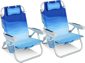 Folding Beach Chairs for Adults 2 Pack, Low Sand Chairs with Cup Holder, 5-Position Recling Backpack Beach Chair Aluminum Frame, Portable for Travel & Outdoor, Supports 300lbs, Tropical Palm
