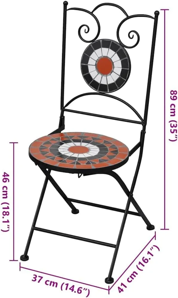 Folding Bistro Chairs 2-Pack Ceramic Seats with Iron Frame Terracotta and White for Patio Balcony Outdoor Furniture Compact Foldable Design
