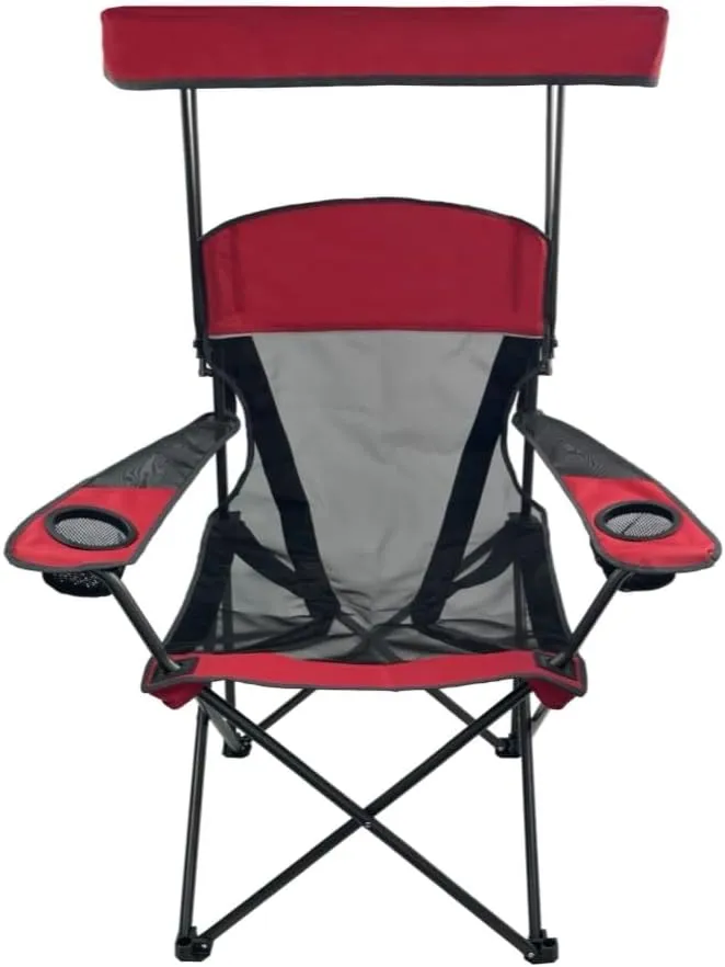 Folding Camping Chair with Canopy and Cup Holders, Mesh Back, Red and Gray, Includes Carry Bag