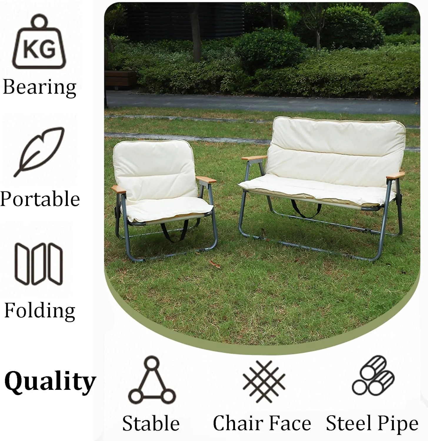 Folding Camping Chairs for 2 Person Adults with Seat Cushion for Outdoor Camp with Portable Carrying Handle Support 300lbs for Beach, Travel, Outside Camping, Hiking Black