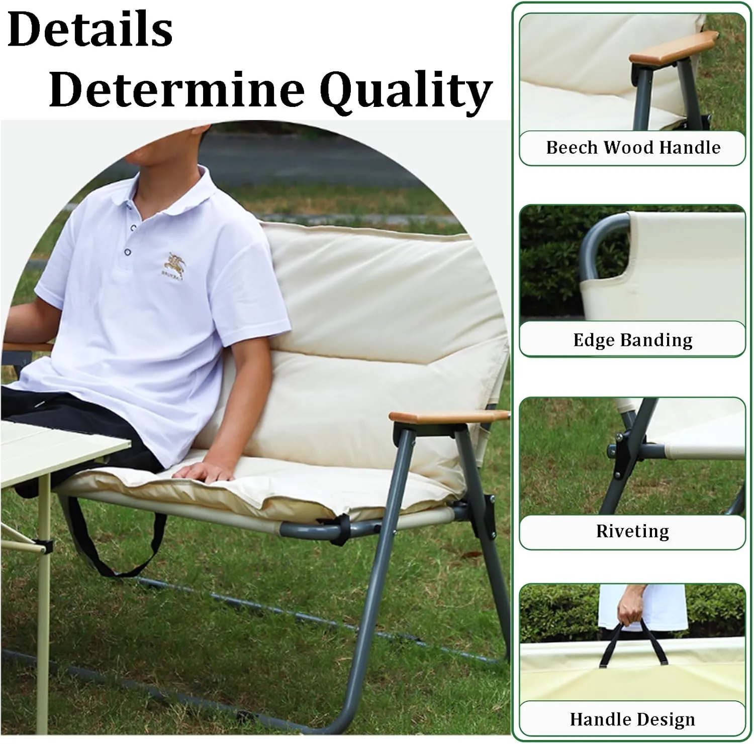 Folding Camping Chairs for 2 Person Adults with Seat Cushion for Outdoor Camp with Portable Carrying Handle Support 300lbs for Beach, Travel, Outside Camping, Hiking Black