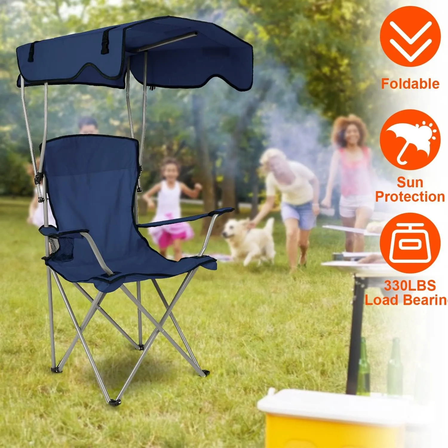Folding Chair for Outside Camping Chair Foldable Canopy Chair with Shade Sun Protection Camping Recliner a Carry Bag with Cup Holder for Fishing/Beach/Poolside/Travel