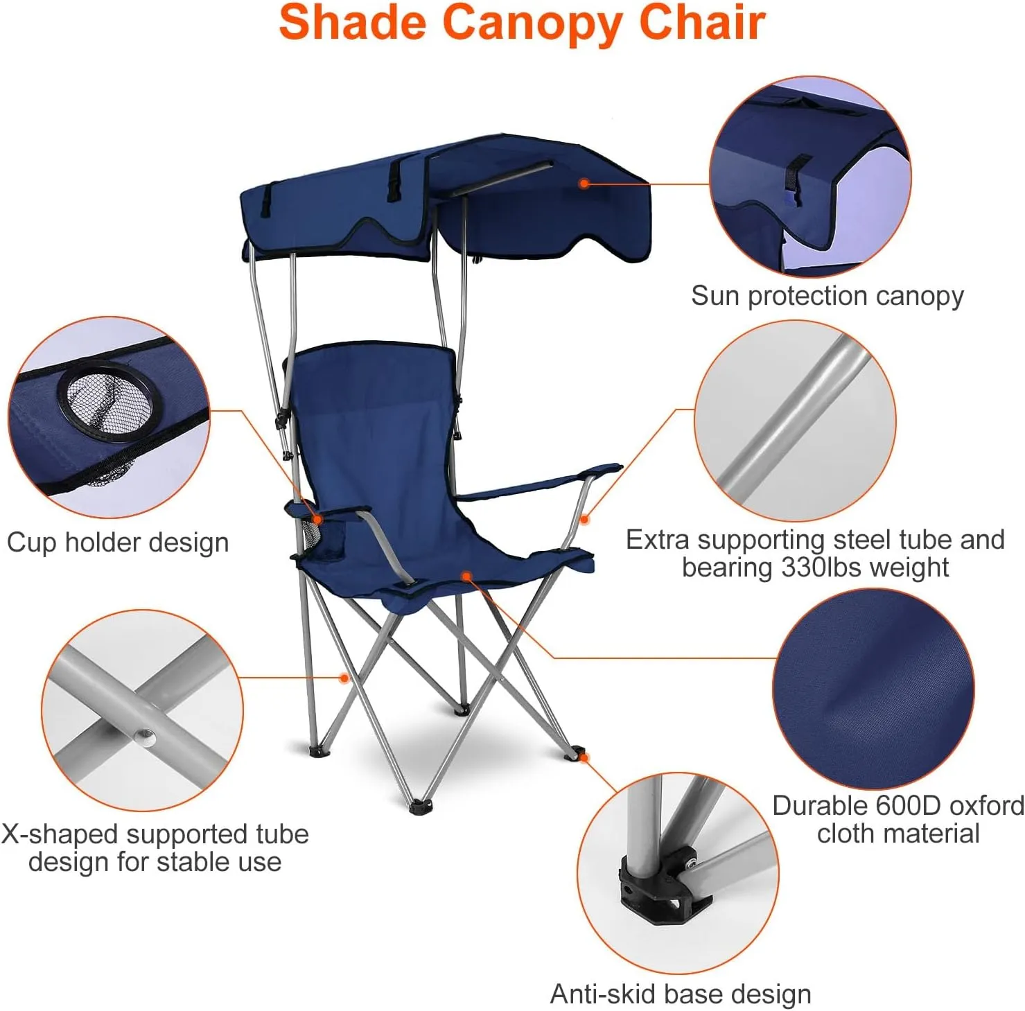 Folding Chair for Outside Camping Chair Foldable Canopy Chair with Shade Sun Protection Camping Recliner a Carry Bag with Cup Holder for Fishing/Beach/Poolside/Travel