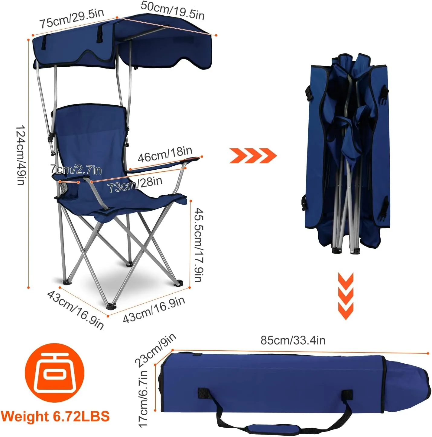 Folding Chair for Outside Camping Chair Foldable Canopy Chair with Shade Sun Protection Camping Recliner a Carry Bag with Cup Holder for Fishing/Beach/Poolside/Travel