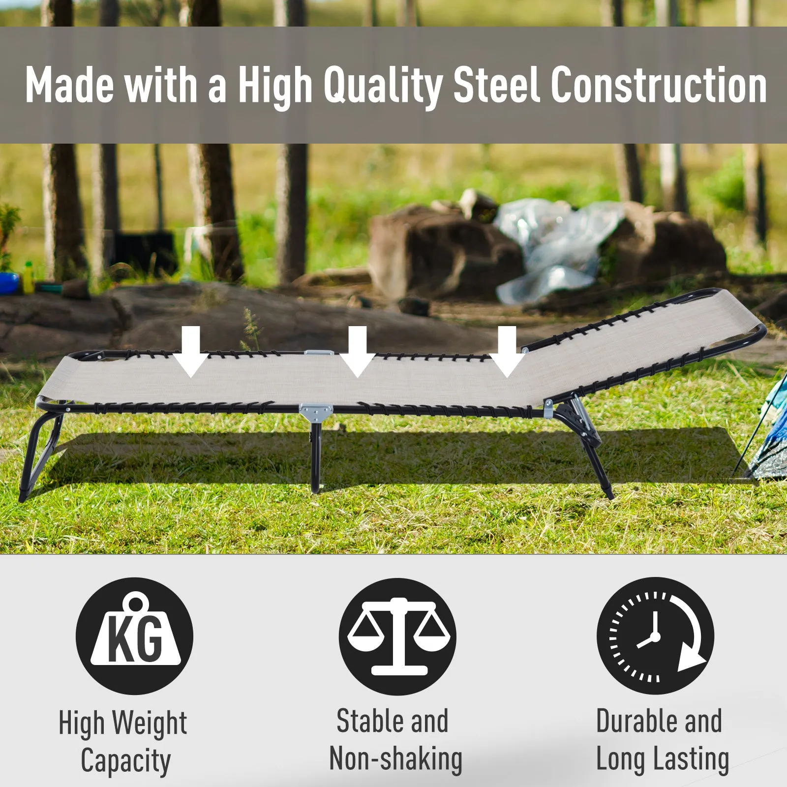 Folding Chaise Lounge Chair with 4-Position Recline, Breathable Mesh & Bungee Seat, Cream White