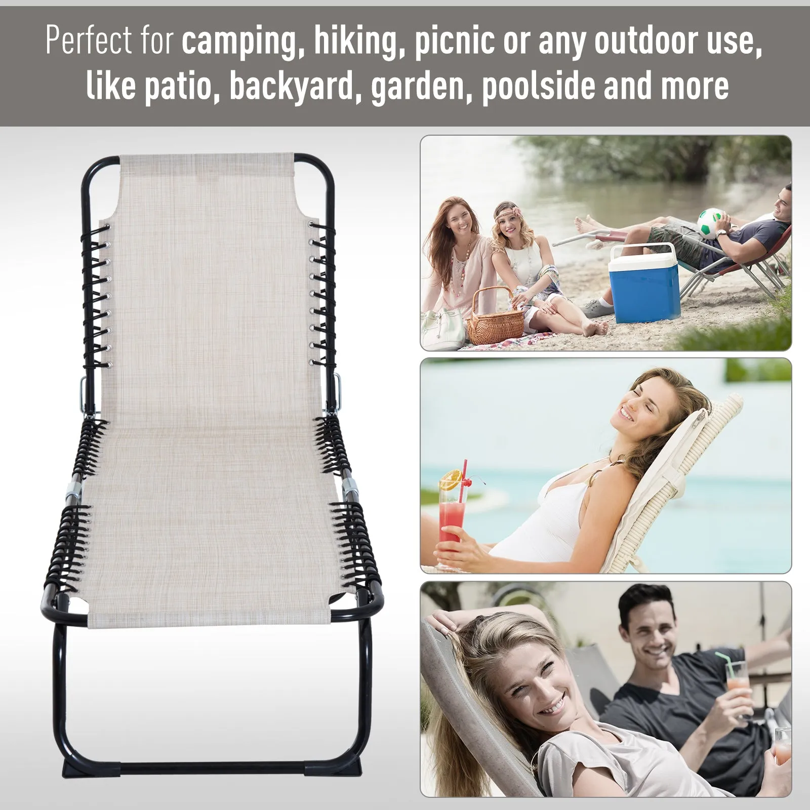 Folding Chaise Lounge Chair with 4-Position Recline, Breathable Mesh & Bungee Seat, Cream White