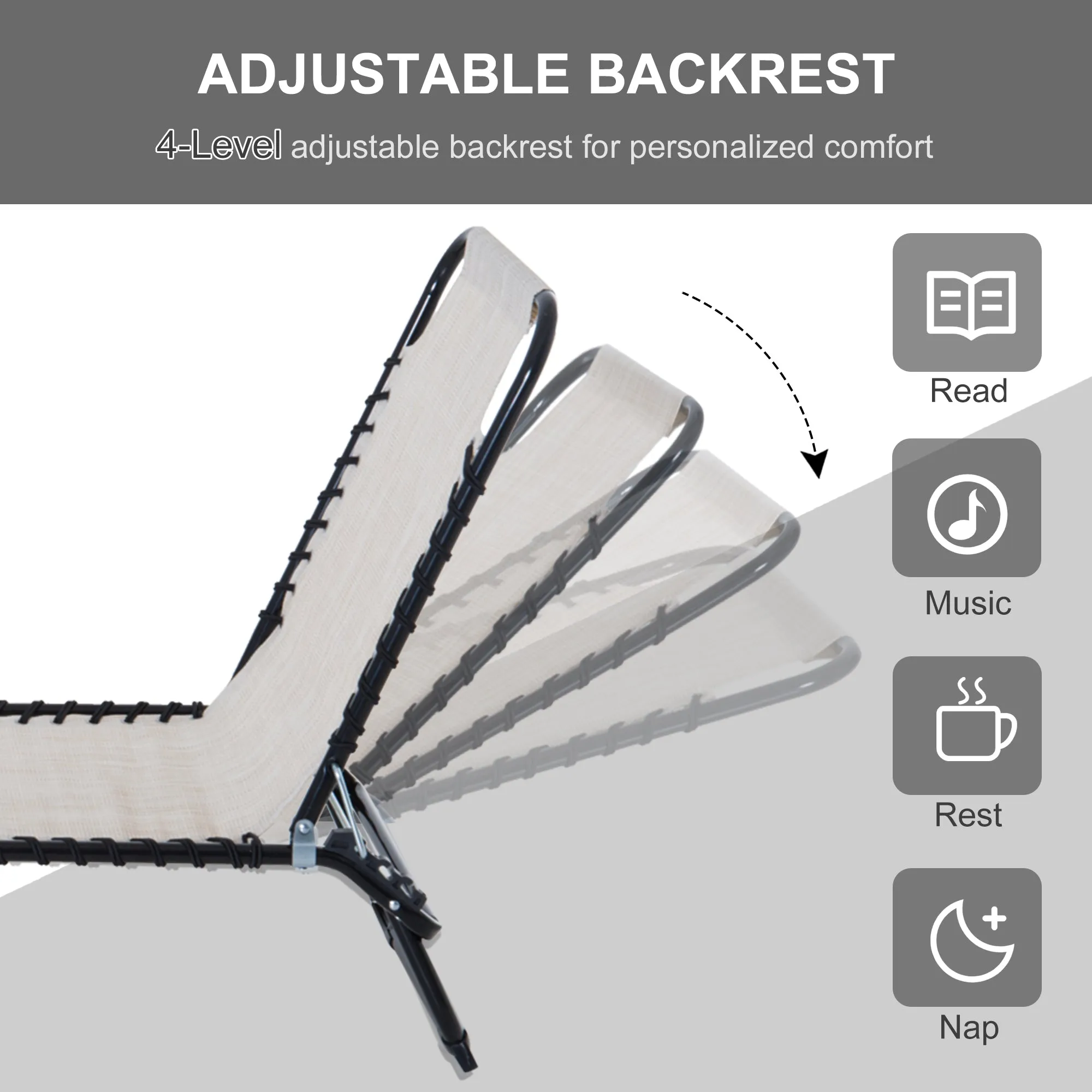 Folding Chaise Lounge Chair with 4-Position Recline, Breathable Mesh & Bungee Seat, Cream White