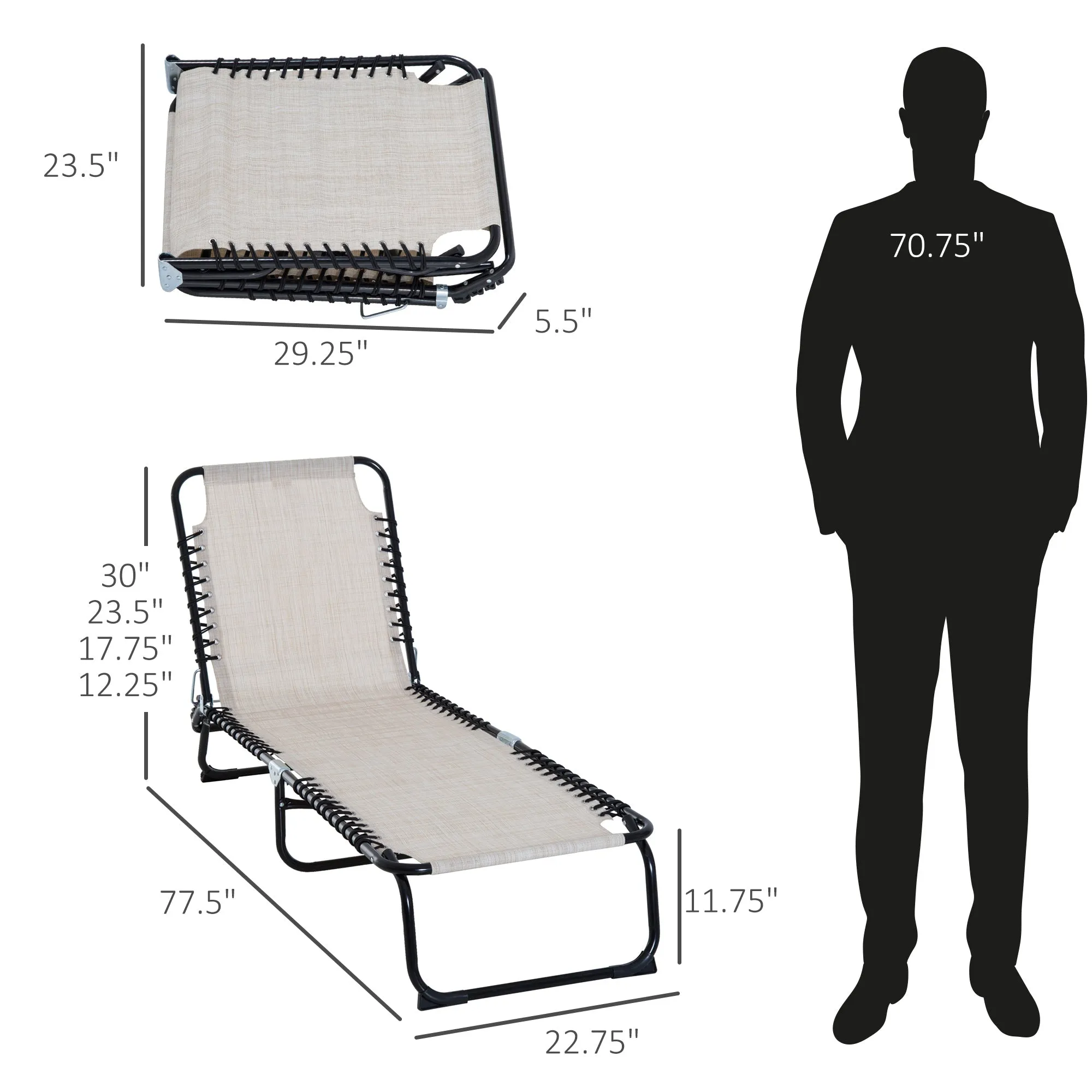Folding Chaise Lounge Chair with 4-Position Recline, Breathable Mesh & Bungee Seat, Cream White