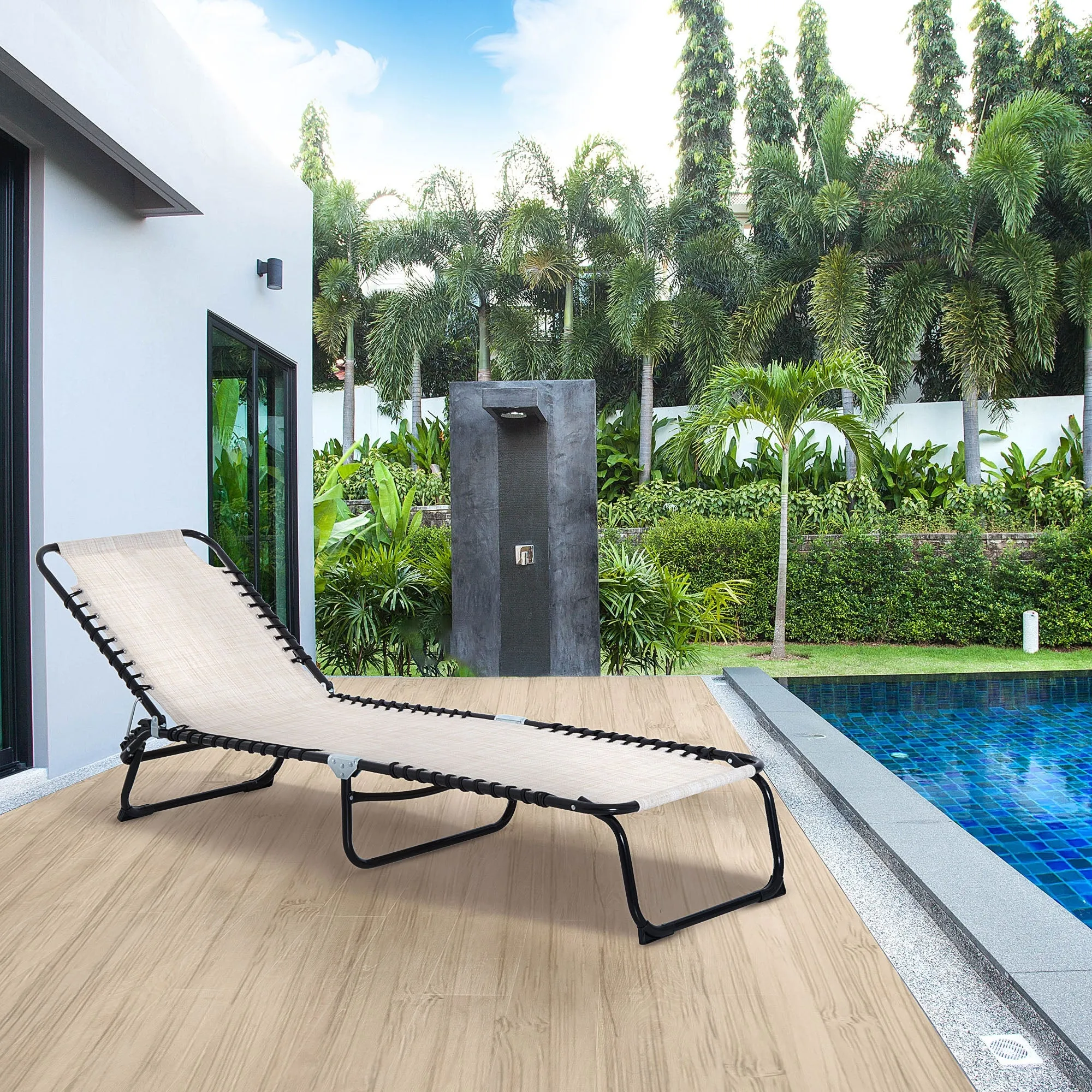 Folding Chaise Lounge Chair with 4-Position Recline, Breathable Mesh & Bungee Seat, Cream White