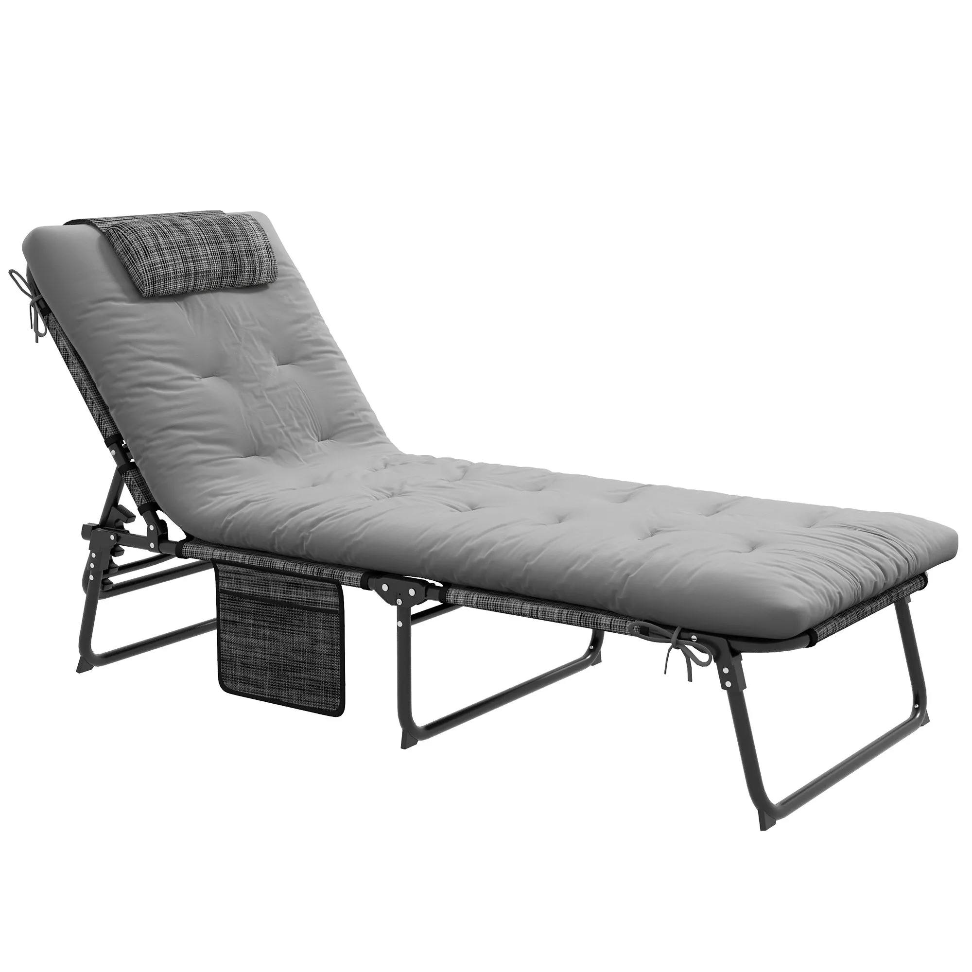 Folding Chaise Lounge Pool Chair, 4-level Reclining Back, Cushion, Side Pocket, Headrest, Gray