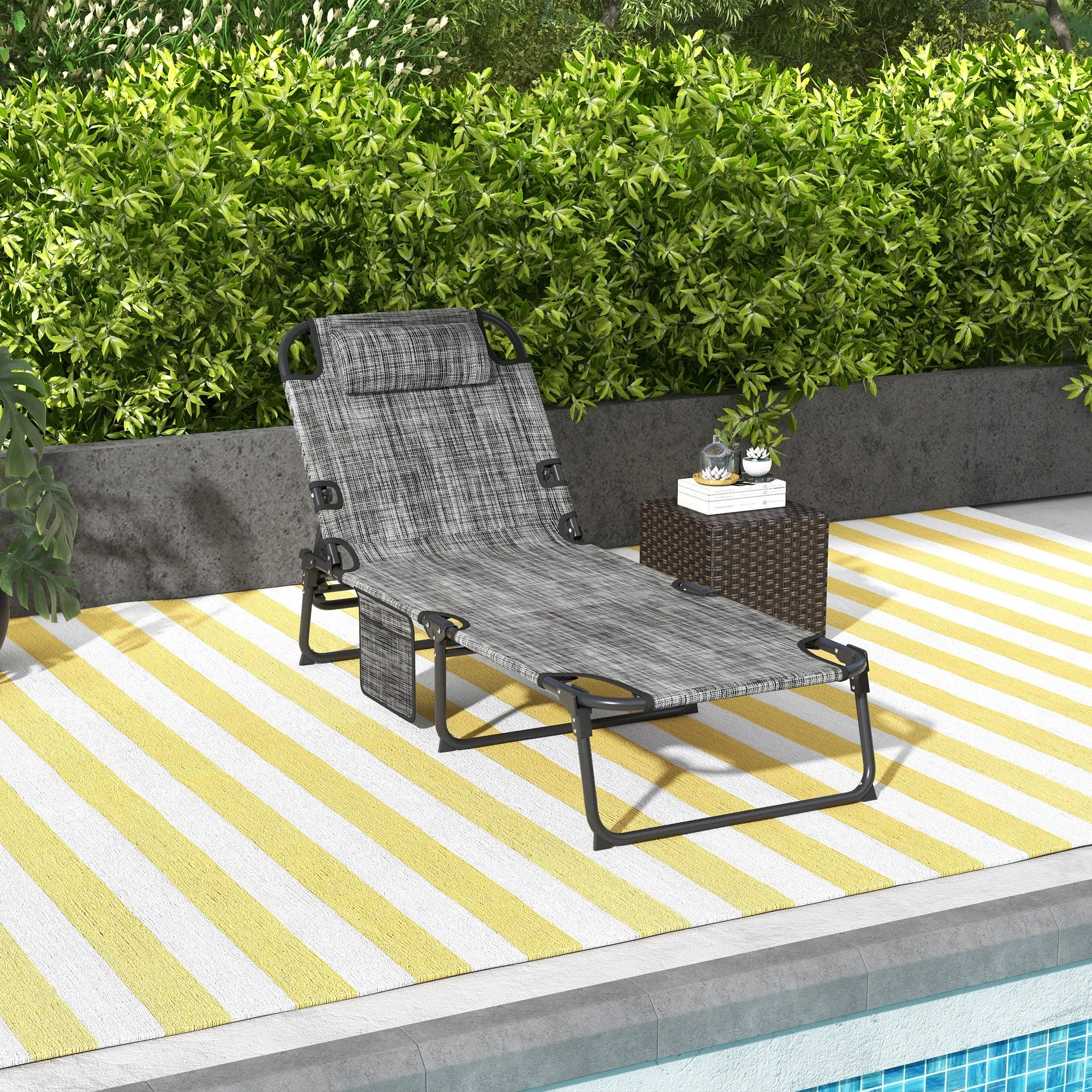Folding Chaise Lounge Pool Chair, 4-level Reclining Back, Cushion, Side Pocket, Headrest, Gray