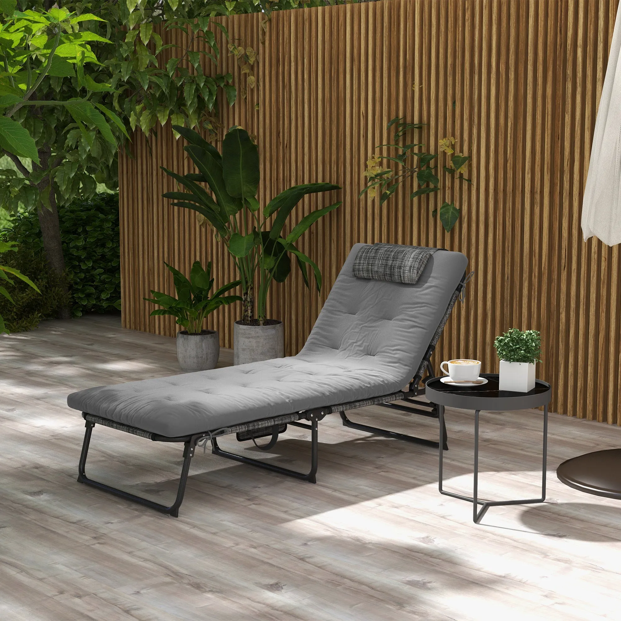 Folding Chaise Lounge Pool Chair, 4-level Reclining Back, Cushion, Side Pocket, Headrest, Gray