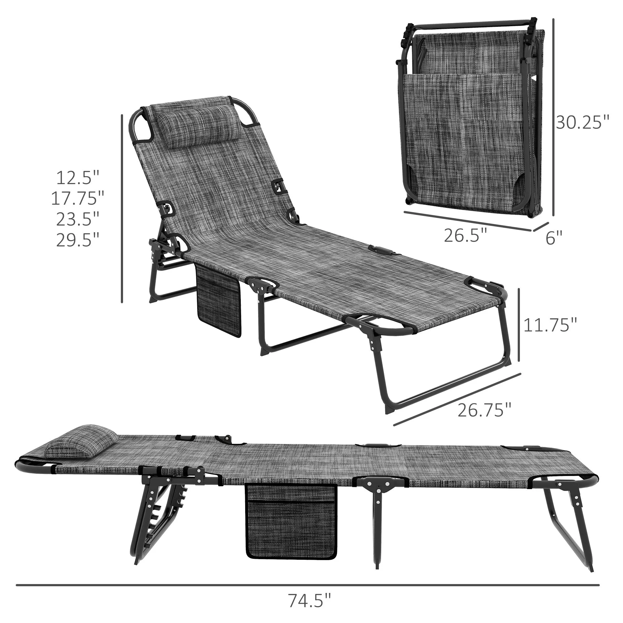 Folding Chaise Lounge Pool Chair, 4-level Reclining Back, Cushion, Side Pocket, Headrest, Gray