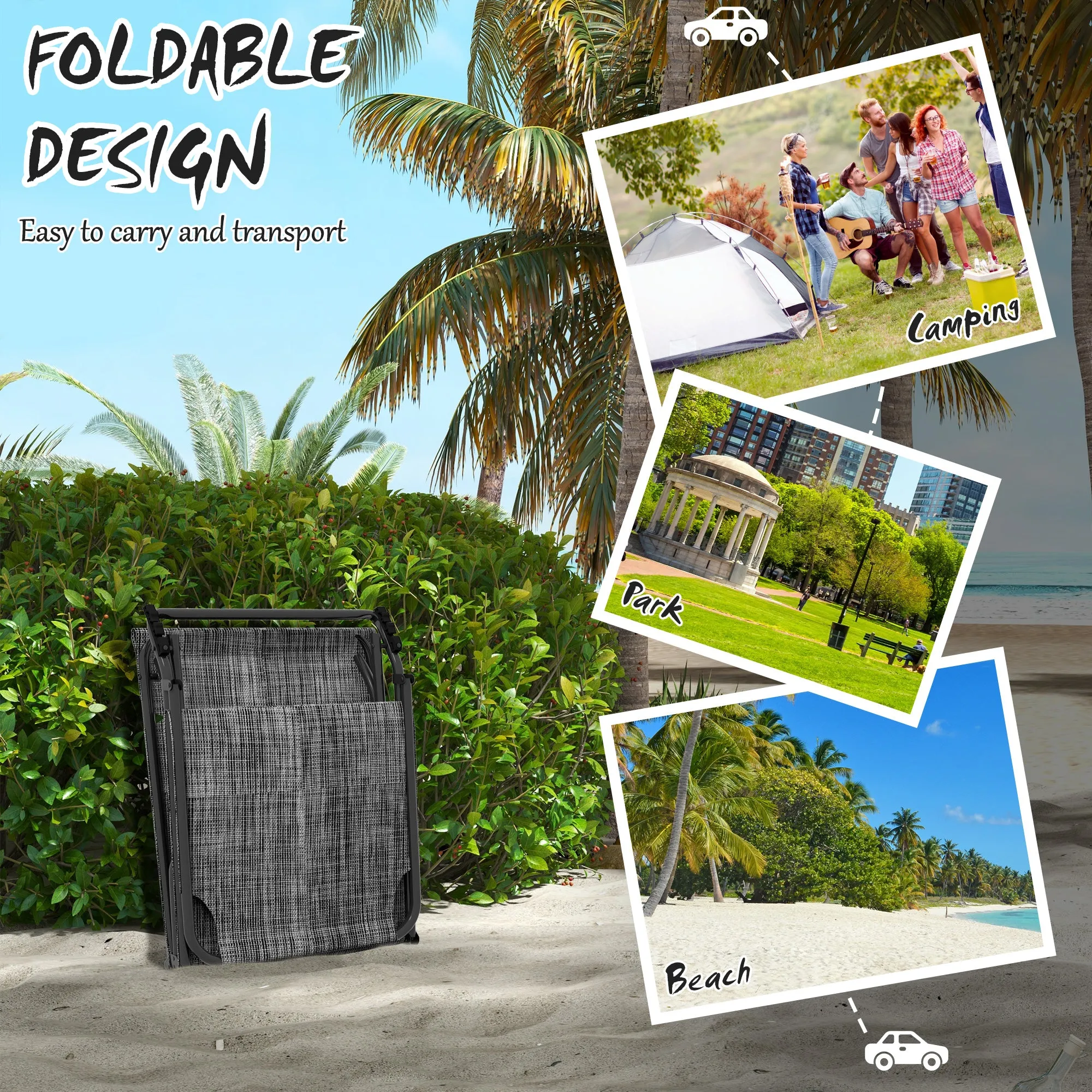 Folding Chaise Lounge Pool Chair, 4-level Reclining Back, Cushion, Side Pocket, Headrest, Gray