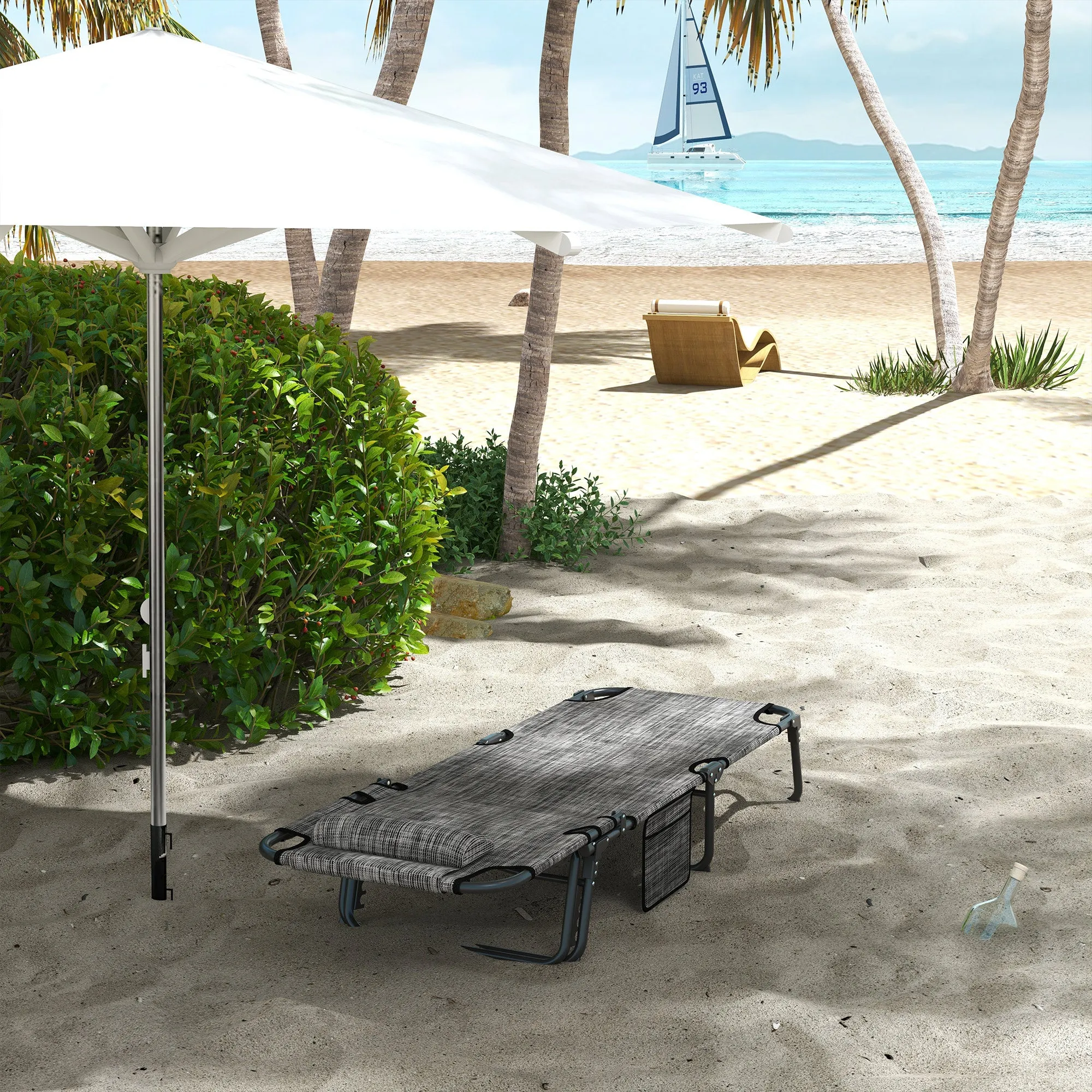Folding Chaise Lounge Pool Chair, 4-level Reclining Back, Cushion, Side Pocket, Headrest, Gray